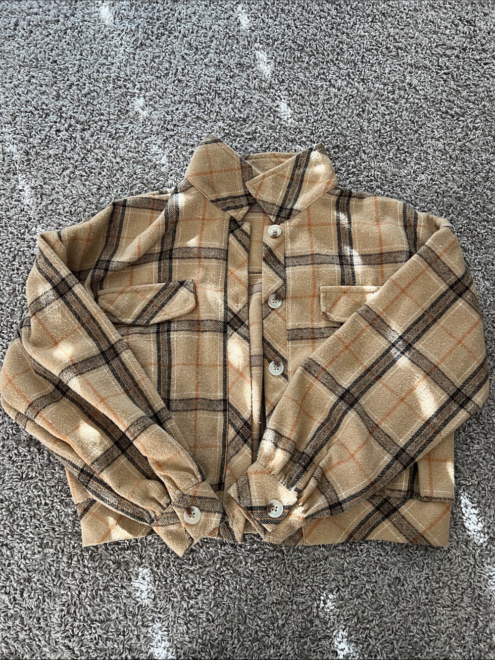 SHEIN Beige Plaid Teddy Shacket Jacket